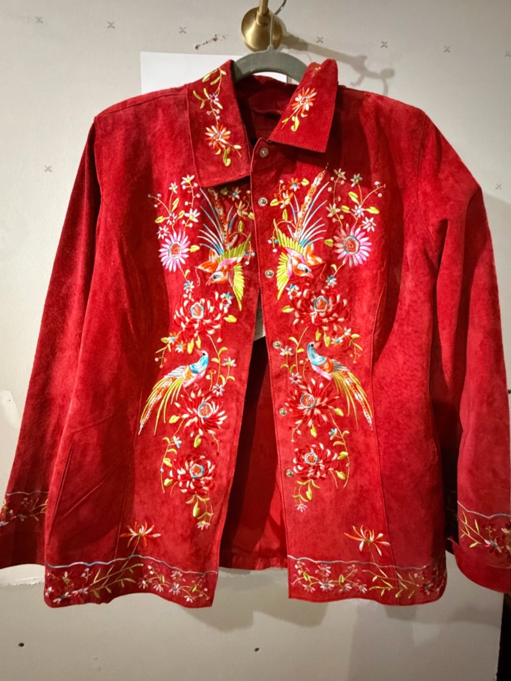 Vintage Avanti Red Embroidered Suede Jacket with Floral & Bird Motif size M